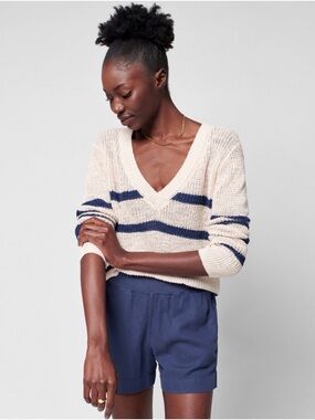 Faherty Linen V-Neck Sweater Wharf Stripe